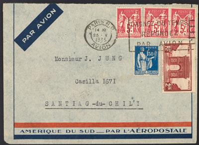 Frankreich Poststück - 1935 5 Fr. karmin 3 Stück +Zusatzfrankatur auf Flugpostbrief von Paris nach Santiago/Chile, - Stamps