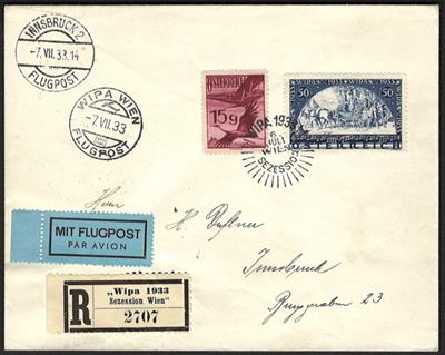 Poststück - Österr. - WIPA glatt mit Zufrankatur und Sezessions - Sonderstempel auf Reko - Flugpostbrief nach Innsbruck, - Briefmarken