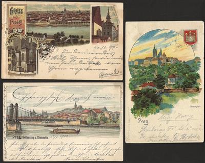 Poststück - Partie Ansichtskarten Prag mit vielen Lithos und Budweiser Sparkasse, - Známky