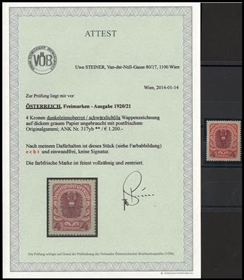 ** - Österr. Nr. 317yb (4 Kronen in Dunkelzinnoberrort/ Schwärzlichlila auf dickem, - Briefmarken