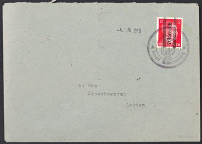 Poststück - Österreich 1945 - Grazer Aushilfsausgabe Kuvert mit 12 Pfg. und provisorischem Stempel des Musikvereins, - Známky