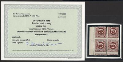** - Österr. 1945 - Posthornserie - Nr. 706 im linken Randviererblock STARK VERZÄHNT, - Briefmarken und Ansichtskarten
