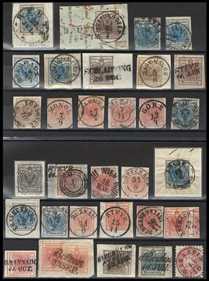 gestempelt/Briefstück - Partie Entwertungen und Abstempelungen Österr. Monarchie meist Ausg. 1850, - Briefmarken und Ansichtskarten