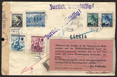 Poststück - Rekobrief aus dem Protektorat in die Slowakei aus 1943 mit Beanstandungszettel der ABP Wien, - Briefmarken und Ansichtskarten