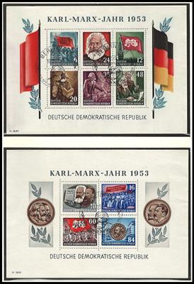 **/gestempelt - Sammlung DDR 1949/1990 u.a. mit MARX - Blöcken gestempelt, - Stamps and postcards
