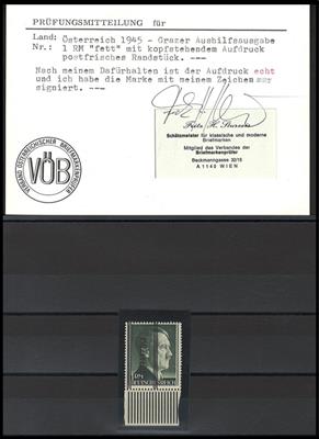 ** - Österr. 1945 - Nr. 693IK (1RM Grazer fett mit KOPFSTEHENDEM AUFDRUCK) vom Bogenunterrand, - Stamps and postcards