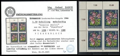 ** - Österr. Nr. 1239 im linken oberen Eckrandviererblock stärker nach rechts oben dezentriert, - Stamps and postcards