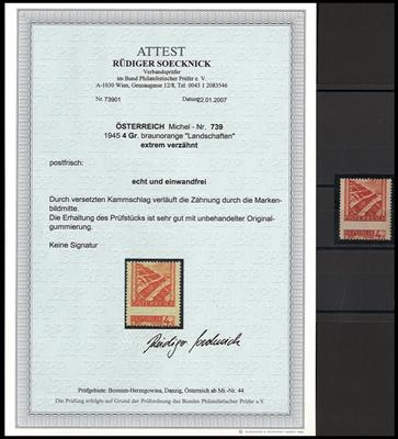 ** - Österr. Nr. 739V (4 Groschen Bunte Landschaft stark verzähnt), - Briefmarken und Ansichtskarten