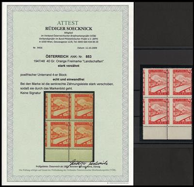 ** - Österr. Nr. 853 (40 Gr. orange Landschaft) im STARK VERZÄHNTEM Unterrand - Viererblock, - Briefmarken und Ansichtskarten