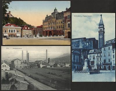 Poststück - Partie AK meist Slowenien u.a. mit Cilli - Laibach - Cattaro - Pirano - Veldes - Stein - Marburg - Bled, - Známky a pohlednice
