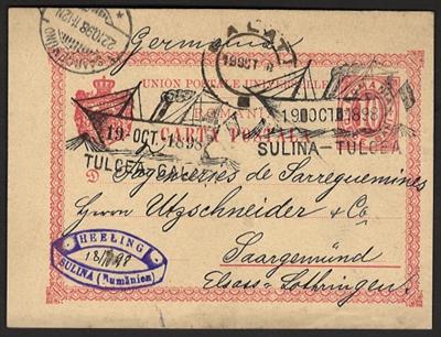 Poststück - Rumänien 1898 - Ganzsache per Schiffspost Sulina - Tulcea - Galata nach Saargemünd, - Francobolli e cartoline