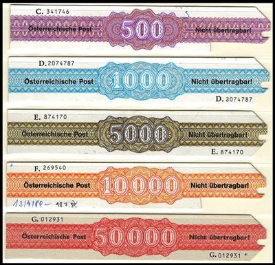 .gestempelt - Österr. - Verrechnungsstreifen für Freistempelmaschinen in den Wertstufen von 500 S bis 50.000 S, - Stamps