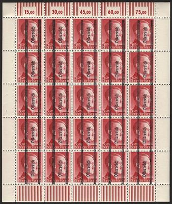 ** - Österr. 1945 - 693II/95II(1RM/3RM Grazer mager) je im Bogen zu 25 Stück incl. der Plattenfehler auf Feld 18, - Stamps