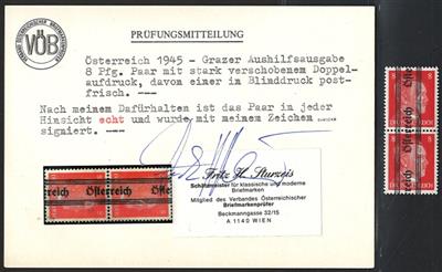 ** - Österr. 1945 - 8 Pfg. Grazer im senkrechten Paar mit stark verschobenem DOPPELAUFDRUCK, - Známky