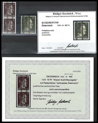 ** - Österr. 1945 - Grazer Aushilfsasugabe Nr. 680 im senkrechten Paar mit Plattenfehler "zerkratztes Österreich", - Briefmarken und Ansichtskarten