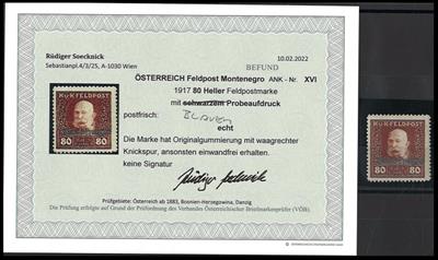 ** - Österr. Feldpost WK I - Montenegro Nr. XVI (nicht verausgabter Wert zu 80 Heller mit BLAUEM Aufdruck), - Známky