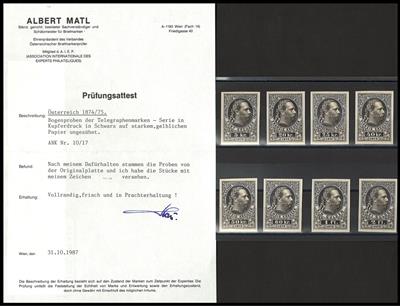 (*) - Österr. - Telegraphenmarken Nr. 10P/17P (Bogenproben in SCHWARZ auf Kartonpapier), - Briefmarken und Ansichtskarten