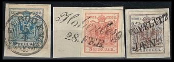 Briefstück/gestempelt - Österr. Ausg. 1850 - interess. Partie Abstempelungen auf Nr. 3/5, - Stamps