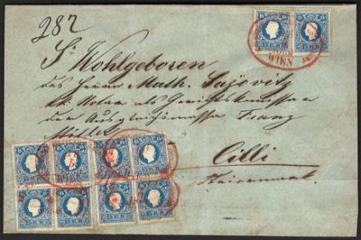Poststück - Österr. Nr. 15II (10) + Nr. 10II (rückseitig) auf rekommandierter Faltbriefhülle von Wien nach Cilli, - Briefmarken und Ansichtskarten