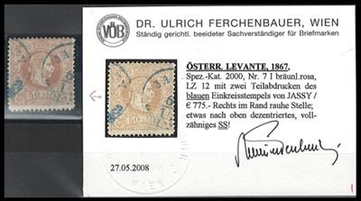 .gestempelt - Österr. Levante Nr. 7I mit 2 BLAUEN Teilabschlägen des Einkreisstempels von JASSY, - Stamps