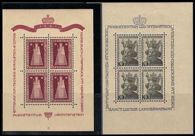 ** - Liechtenstein Nr. 197 (10 Fr. DUX-Madonna) u. 247 (Hl. Luzius), - Briefmarken und Ansichtskarten