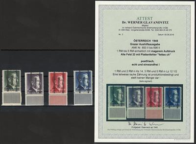** - Österr. 1945 - Grazer Markwerte mager mit Plattenfehler "fettes ch" (Feld 23), - Briefmarken und Ansichtskarten