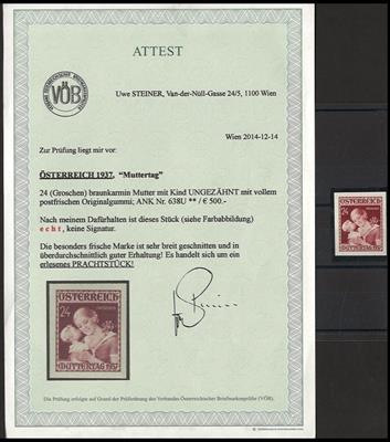 ** - Österr. Muttertag 1937 ungezähnt postfr. Prachtstück (ANK. Nr. 638 U), - Briefmarken und Ansichtskarten