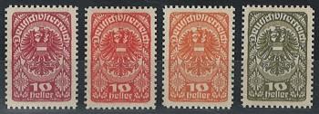 * - Österr. Nr. 259 (10 Heller) in vier versch. Farbproben (lila, - Stamps