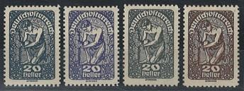 * - Österr. Nr. 263 (20 Heller) in vier versch. Farbproben (graublau, - Briefmarken und Ansichtskarten