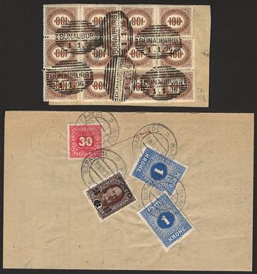 Poststück/gestempelt - partie Portobelge Österr. Monarchie u.a. mit FACHGEBÜHRFORMULAR über 12 Kronen aus Bünauburg aus 1906, - Briefmarken und Ansichtskarten