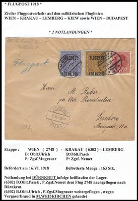 Poststück - Österr. Flugpost 1918 - 2 Notlandungen von Wien nach Lemberg v. 6. VI. 1918, - Briefmarken und Ansichtskarten