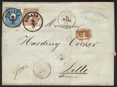 Poststück - Österr. Nr. 14 II + 15 II auf Faltbriefhülle nach Bielitz nach Lille in Frankreich aus 1860, - Stamps