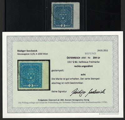 .gestempelt - Österr. Nr. 204UR (2 Kr. 1917 rechts ungezähnt), - Briefmarken und Ansichtskarten