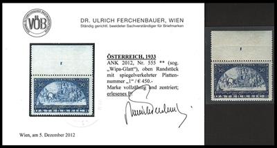 ** - Österr. Nr. 555 (WIPA glatt) vom Bogenoberrand mit spiegelverkehrter Plattennr. "1", - Stamps and postcards