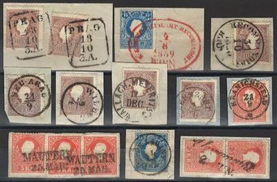 Briefstück - Österr. Ausg. 1858 - kl. Partie Abstempelungen auf Nr. 13/15, - Stamps and postcards