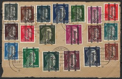 Poststück/Briefstück - Österr. 1945 kl. Grazer auf Ausschnitt mit Stempeln LEOBEN-GÖSS 3. VII. 45 u. einige phil. Belege, - Briefmarken und Ansichtskarten