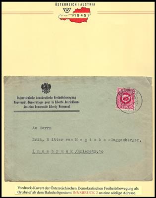 Poststück - Innsbruck 1945 Ortsbrief der Freiheitsbewegung (Austrian Liberty Movement) an Ritter von MegiskaGuggenberger, - Známky a pohlednice