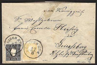 Poststück - Österr. Nr. 10II + 11II auf kleiner Faltbriefhülle von Königgrätz nach Seiersberg, - Briefmarken und Ansichtskarten