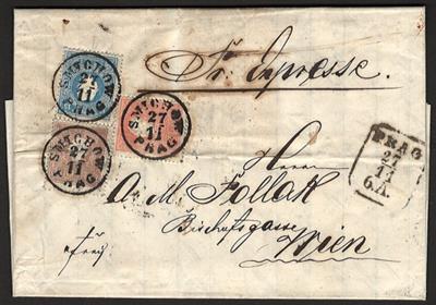 Poststück - Österr. Nr. 13II + 14II + 15II auf Faltbrief aus 1860 von Prag nach Wien, - Briefmarken und Ansichtskarten