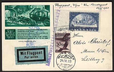 Poststück - Österr. - WIPA Faser vom linken Bogenrand auf Flugpostkarte (WIPA Flug Wien Budapest) nach Mauer bei Wien, - Stamps and postcards