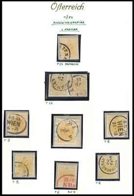 .gestempelt/Briefstück - Österr. Ausg. 1850 - kl. Spezialpartie Nr. 1M - u.a. Erstdruck - rote Entwertung, - Briefmarken und Ansichtskarten
