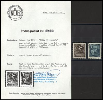** - Österr. 1946 - BLITZ/ TOTENKOPF (Nr. 13/14) postfr. einwandfrei mit Fotoattest Kovar VÖB, - Stamps and postcards