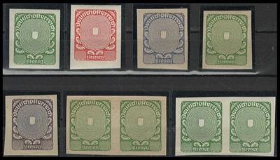 ** - Österr. I. Rep. - Kl. Partie Phasendrucke der Freimarkenausg. Wappenzeichnungen aus 1920/21, - Briefmarken und Ansichtskarten