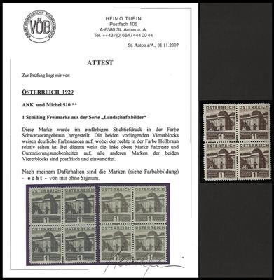 ** - Österr. Nr. 510 im Viererblock mit Fotoattest Turin (Attest war für 2 Viererbl.), - Briefmarken und Ansichtskarten