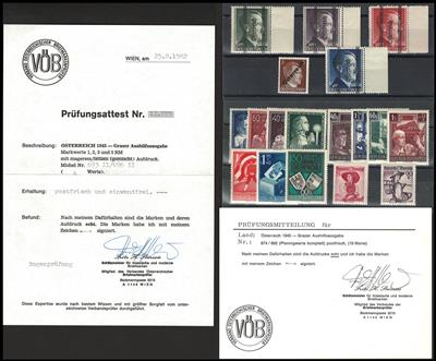 ** - Partie Österr. II. Rep. u.a. mit Grazer Markwerte mager (Prüfungsattest Sturzeis), - Briefmarken und Ansichtskarten