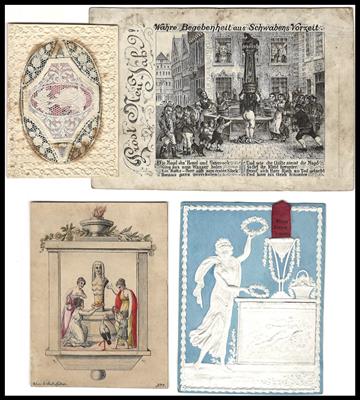 Poststück - Kl. Partie Ephemera - 1 Neujahrskärtchen "Wahre Begebenheit aus Schwabens Vorzeit" und 3 kl. Kalpp - Billets, - Francobolli e cartoline