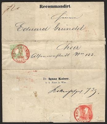 Poststück - Österr. Nr. 12 + 13II (rückseit.) aif Wiener Orts-Rekobrief, - Briefmarken und Ansichtskarten