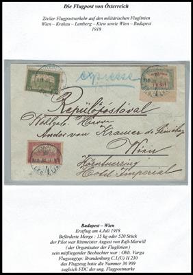 Poststück - Ungarn 1918 - ziviler Flugverkehr - Erstflug BUDAPEST - WIEN 4. Juli 1918 u. Ersttag d. ungar. Flgpm., - Známky a pohlednice