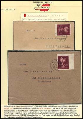 Poststück - Ostmark Feber/März 1945 2 Briefe frankiert mit ungezähnter Goldschmiedekunst in Reidling nach Hirschwang, - Francobolli e cartoline