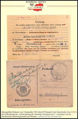 Poststück - Postalische Dokumentation Wien 1945 Schutträumung und Wiederaufbau in den Nachkriegstagen, - Známky a pohlednice